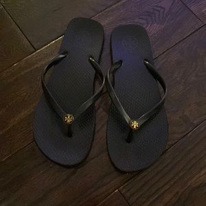 Designer Tory Burch Black Logo Flip Flops Size 7